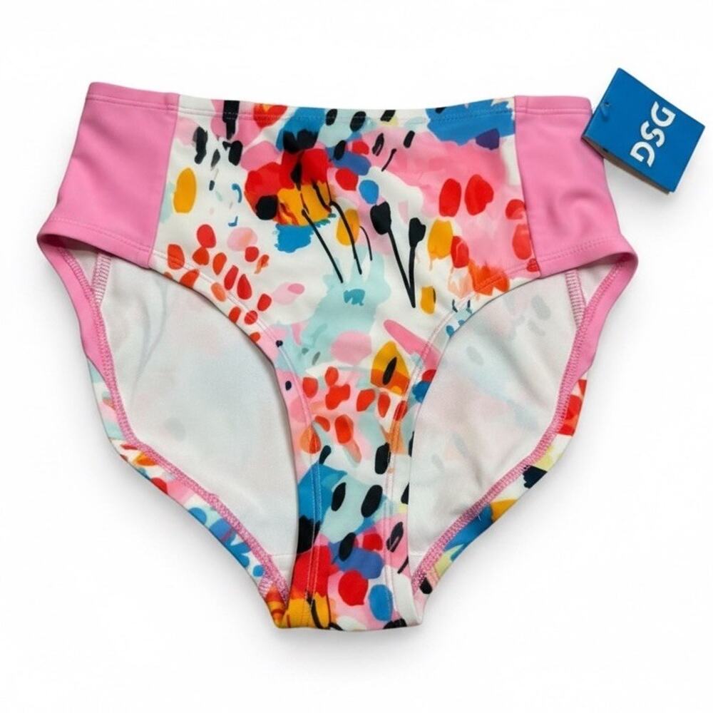 NWT DSG Girls XLarge Swim High Waisted Bikini Bottom Coastal Collage Pink